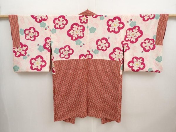 Photo1: 6903T08z420 Vintage Japanese Kimono Silk HAORI Tatewaku Dark coral (1)