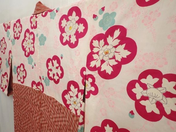 Photo2: 6903T08z420 Vintage Japanese Kimono Silk HAORI Tatewaku Dark coral (2)