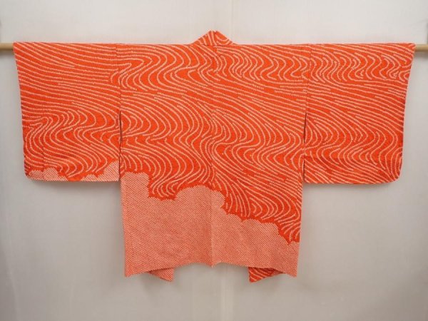 Photo1: 6903T09z460 Vintage Japanese Kimono Silk SHIBORI HAORI Stream Orange-Red (1)