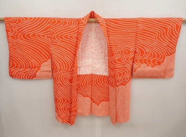Photo5: 6903T09z460 Vintage Japanese Kimono Silk SHIBORI HAORI Stream Orange-Red (5)