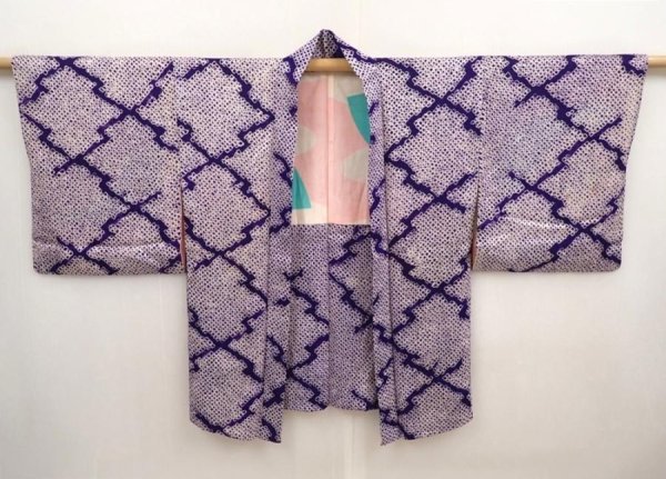 Photo6: 6903T11z340 Vintage Japanese Kimono Silk SHIBORI HAORI  	Dark lavender (6)