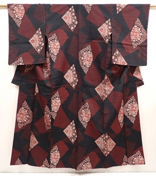 Photo1: 6903T13z920 Vintage Japanese Kimono Blend silk OMESHI Flowers Black (1)
