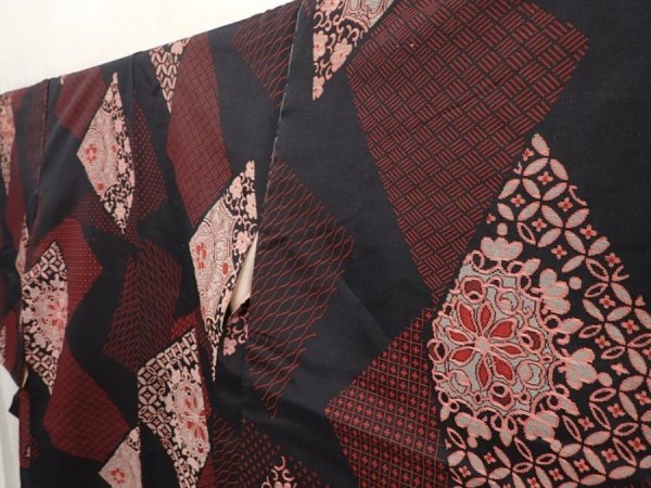 Photo2: 6903T13z920 Vintage Japanese Kimono Blend silk OMESHI Flowers Black (2)