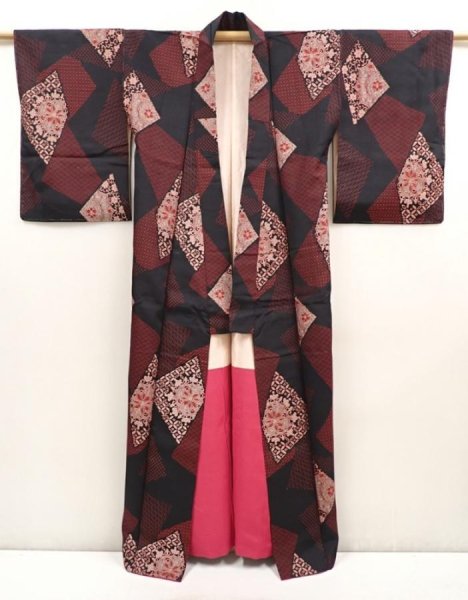 Photo8: 6903T13z920 Vintage Japanese Kimono Blend silk OMESHI Flowers Black (8)