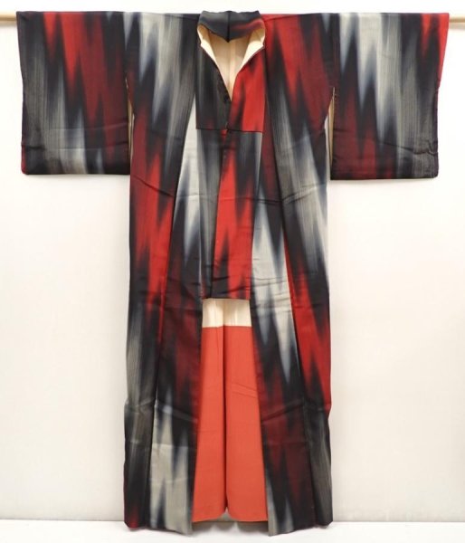Photo8: 6903T14z800 Vintage Japanese Kimono Silk OMESHI Kasuri Black (8)
