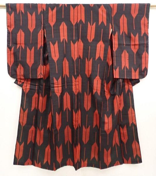 Photo1: 6903T15z630 Vintage Japanese Kimono Silk TSUMUGI Yagasuri Black (1)