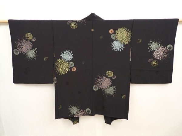 Photo1: 6909T01z670 Vintage Japanese Kimono Silk HAORI Chrysanthemum Black (1)