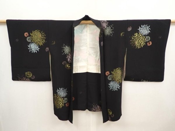 Photo6: 6909T01z670 Vintage Japanese Kimono Silk HAORI Chrysanthemum Black (6)