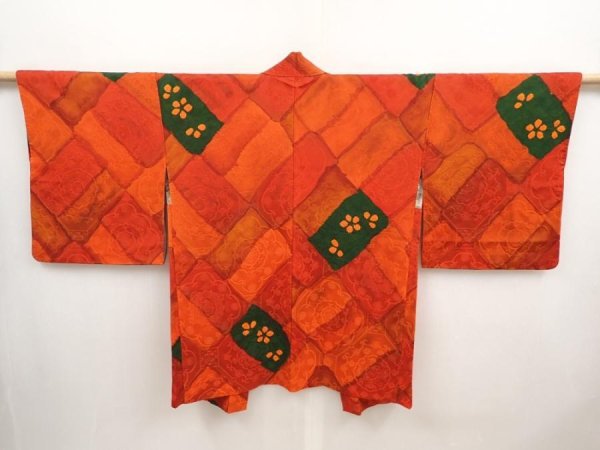 Photo1: 6909T02z590 Vintage Japanese Kimono Silk HAORI Flowers Tomato red (1)