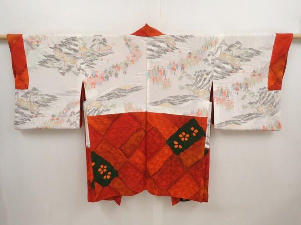 Photo6: 6909T02z590 Vintage Japanese Kimono Silk HAORI Flowers Tomato red (6)
