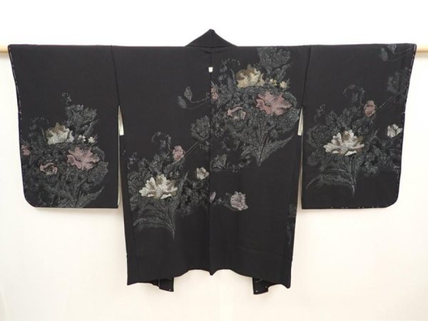 Photo1: 6909T04z620 Vintage Japanese Kimono Silk HAORI Flowers Black (1)