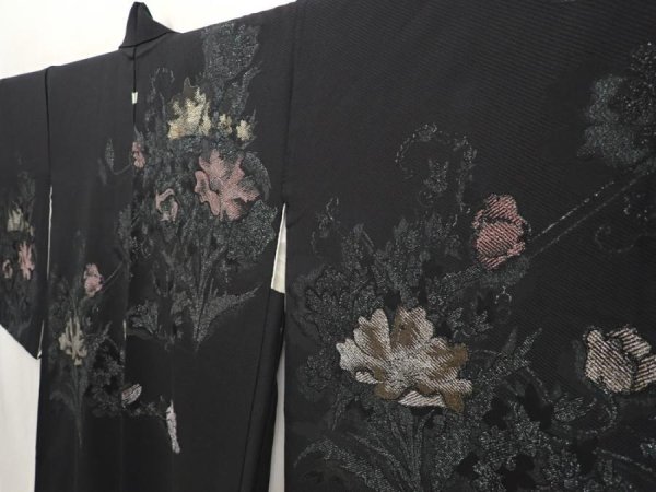 Photo2: 6909T04z620 Vintage Japanese Kimono Silk HAORI Flowers Black (2)