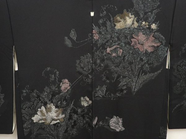 Photo3: 6909T04z620 Vintage Japanese Kimono Silk HAORI Flowers Black (3)