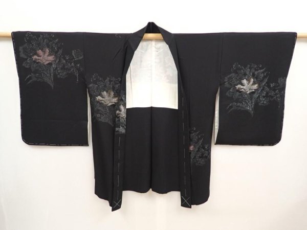 Photo6: 6909T04z620 Vintage Japanese Kimono Silk HAORI Flowers Black (6)