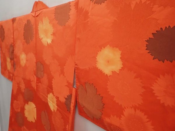 Photo2: 6909T05z570 Vintage Japanese Kimono Silk HAORI Flower Orangered (2)