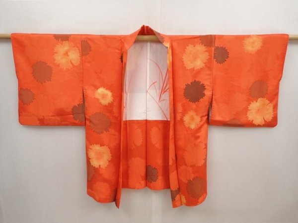 Photo5: 6909T05z570 Vintage Japanese Kimono Silk HAORI Flower Orangered (5)