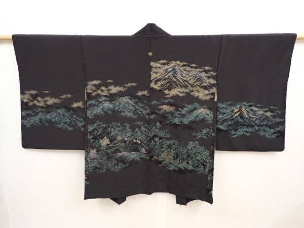 Photo1: 6909T07z550 Vintage Japanese Kimono Silk HAORI Mountain Black (1)