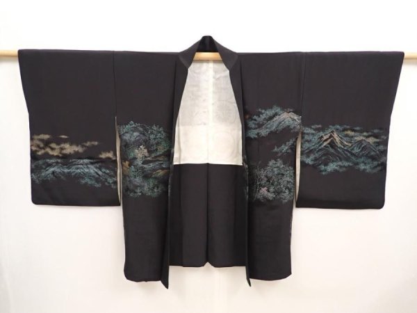 Photo6: 6909T07z550 Vintage Japanese Kimono Silk HAORI Mountain Black (6)