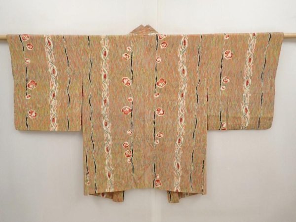 Photo1: 6909T08z520 Vintage Japanese Kimono Silk HAORI Camellia Olive (1)