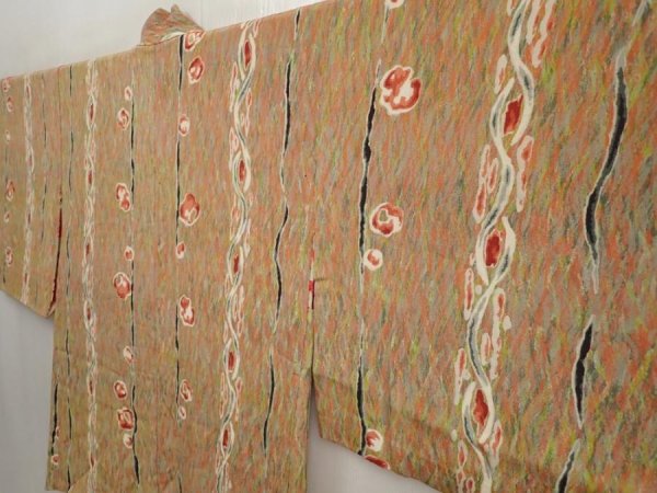 Photo2: 6909T08z520 Vintage Japanese Kimono Silk HAORI Camellia Olive (2)