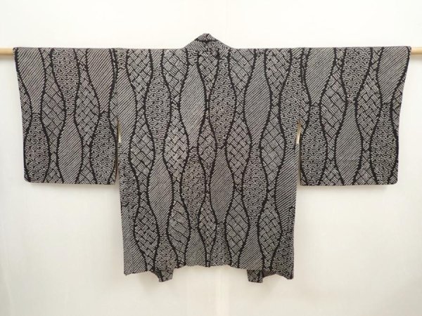 Photo1: 6909T09z530 Vintage Japanese Kimono Silk SHIBORI HAORI Tatewaku Black (1)