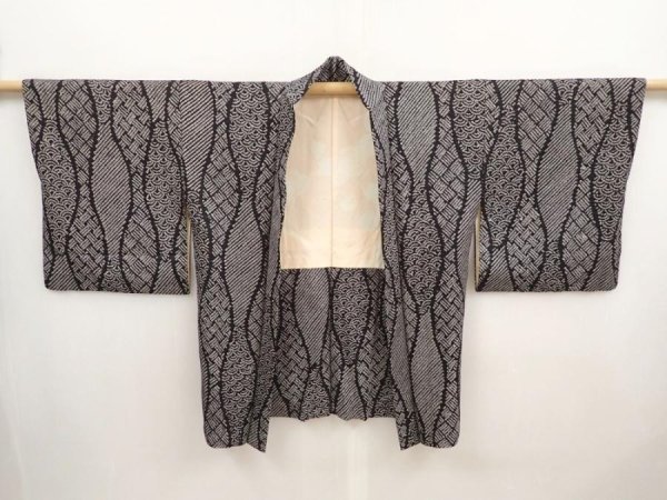 Photo5: 6909T09z530 Vintage Japanese Kimono Silk SHIBORI HAORI Tatewaku Black (5)
