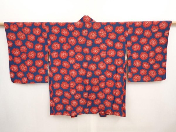 Photo1: 6909T10z520 Vintage Japanese Kimono Silk HAORI Rose Navy (1)