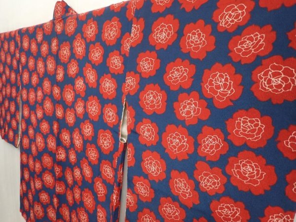 Photo2: 6909T10z520 Vintage Japanese Kimono Silk HAORI Rose Navy (2)