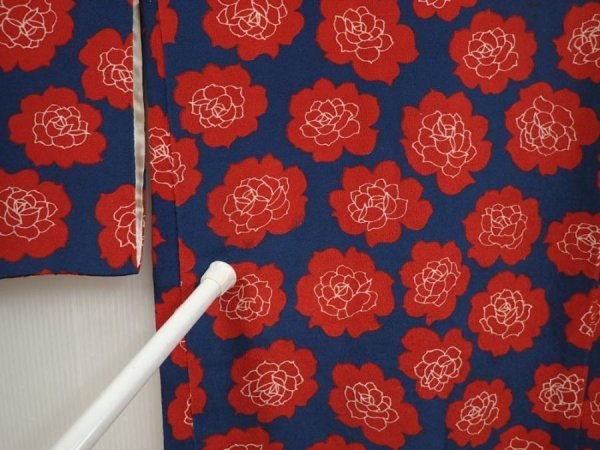 Photo6: 6909T10z520 Vintage Japanese Kimono Silk HAORI Rose Navy (6)