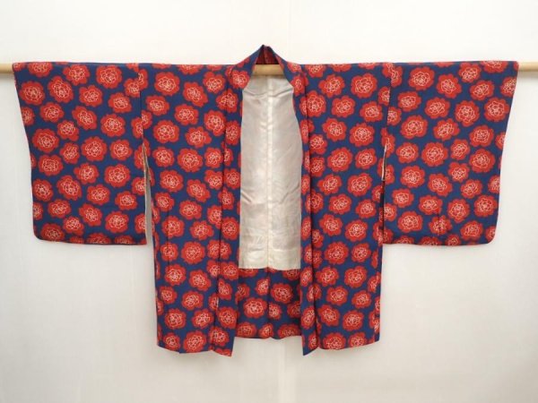 Photo7: 6909T10z520 Vintage Japanese Kimono Silk HAORI Rose Navy (7)