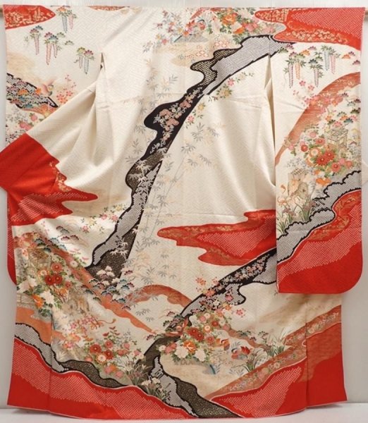 Photo1: 6909T11z1210 Vintage Japanese Kimono Silk FURISODE Flowers Off-white (1)