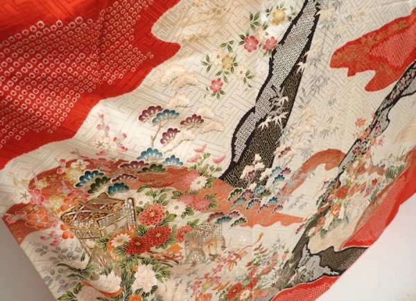 Photo3: 6909T11z1210 Vintage Japanese Kimono Silk FURISODE Flowers Off-white (3)