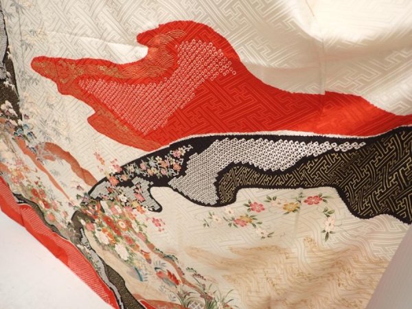 Photo4: 6909T11z1210 Vintage Japanese Kimono Silk FURISODE Flowers Off-white (4)