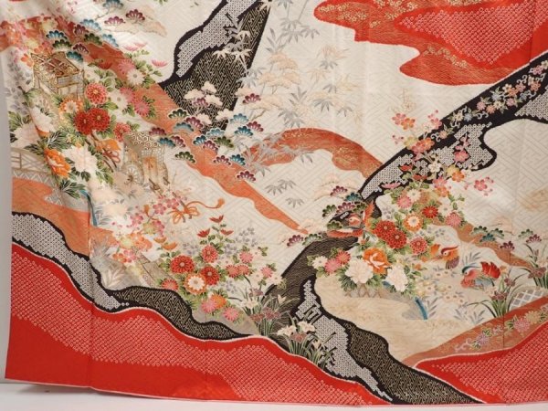 Photo5: 6909T11z1210 Vintage Japanese Kimono Silk FURISODE Flowers Off-white (5)