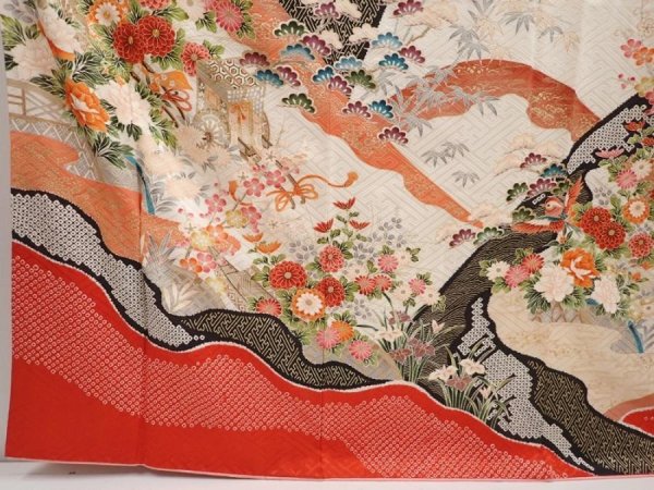 Photo6: 6909T11z1210 Vintage Japanese Kimono Silk FURISODE Flowers Off-white (6)