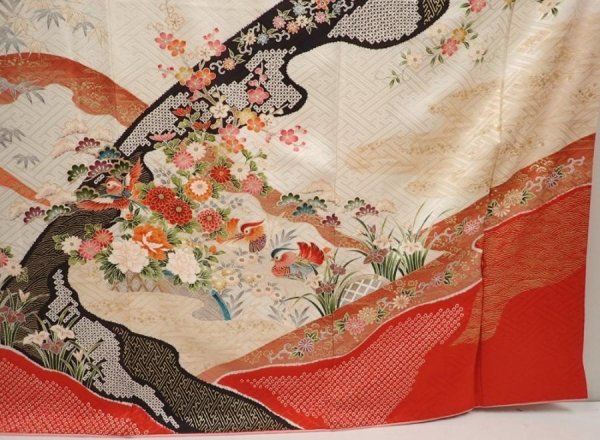 Photo7: 6909T11z1210 Vintage Japanese Kimono Silk FURISODE Flowers Off-white (7)