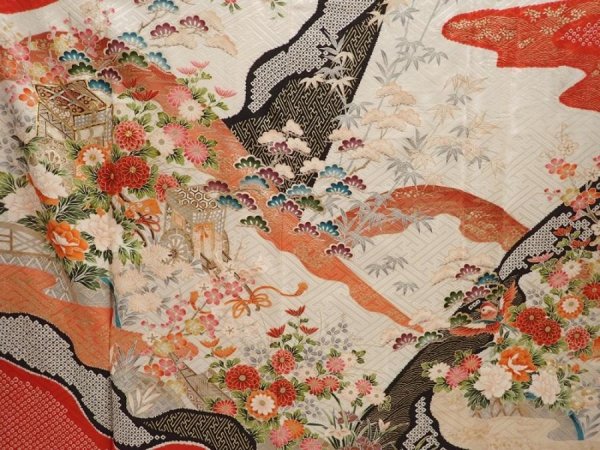 Photo8: 6909T11z1210 Vintage Japanese Kimono Silk FURISODE Flowers Off-white (8)