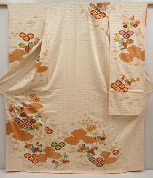 Photo1: 6909T12z1060 Vintage Japanese Kimono Silk FURISODE Plum blossom Light cream (1)