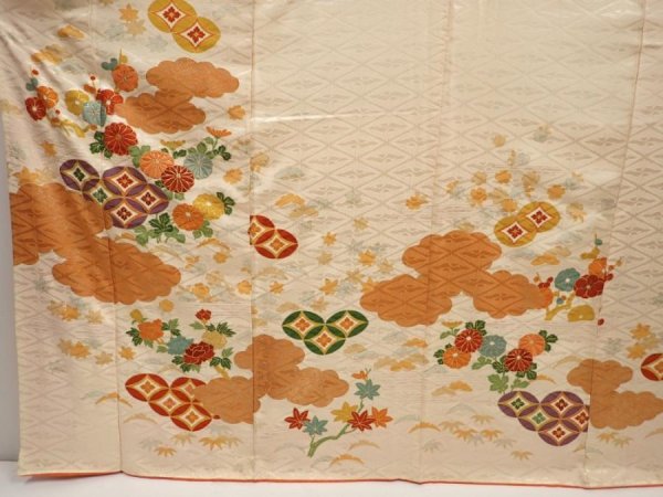 Photo5: 6909T12z1060 Vintage Japanese Kimono Silk FURISODE Plum blossom Light cream (5)