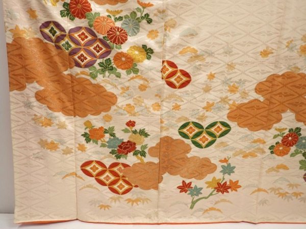 Photo6: 6909T12z1060 Vintage Japanese Kimono Silk FURISODE Plum blossom Light cream (6)