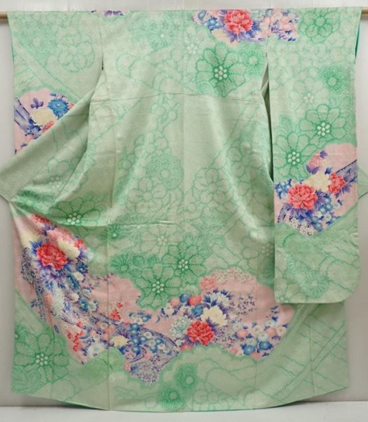 Photo1: 6909T13z1160 Vintage Japanese Kimono Silk FURISODE Peony Pistachio green (1)