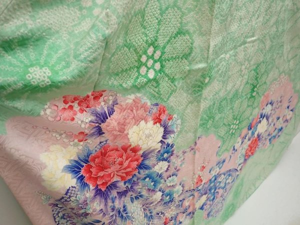 Photo3: 6909T13z1160 Vintage Japanese Kimono Silk FURISODE Peony Pistachio green (3)