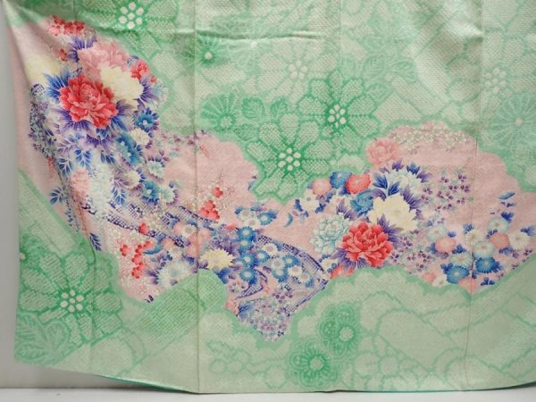 Photo5: 6909T13z1160 Vintage Japanese Kimono Silk FURISODE Peony Pistachio green (5)