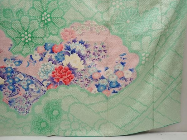 Photo7: 6909T13z1160 Vintage Japanese Kimono Silk FURISODE Peony Pistachio green (7)