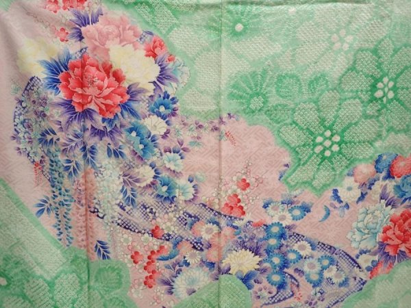 Photo8: 6909T13z1160 Vintage Japanese Kimono Silk FURISODE Peony Pistachio green (8)