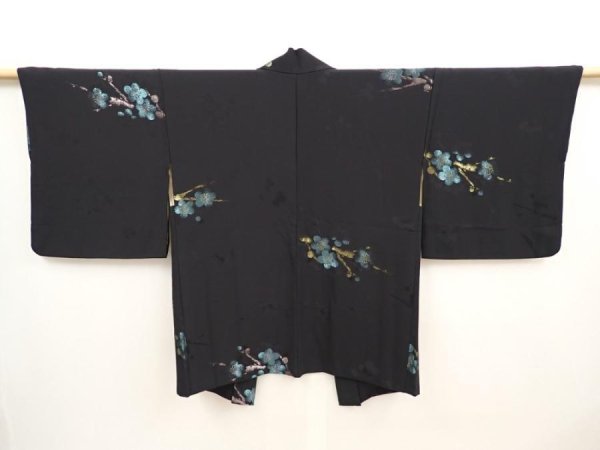 Photo1: 6910T01z560 Vintage Japanese Kimono Silk HAORI Plum blossom Black (1)