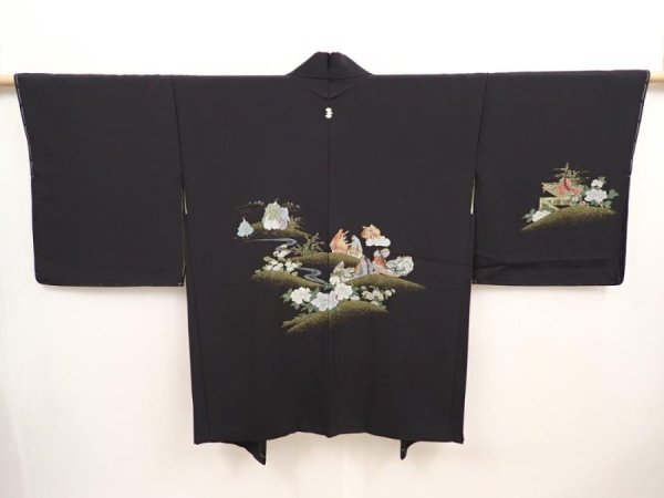 Photo1: 6910T04z630 Vintage Japanese Kimono Silk HAORI Princess Black (1)