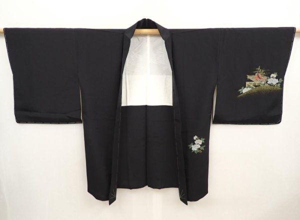Photo6: 6910T04z630 Vintage Japanese Kimono Silk HAORI Princess Black (6)