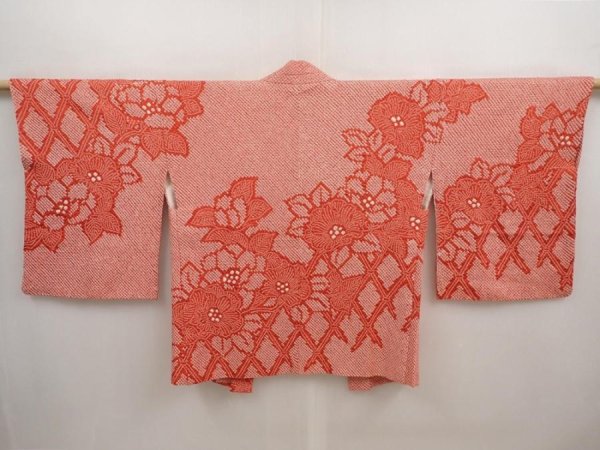 Photo1: 6910T06z590 Vintage Japanese Kimono Silk SHIBORI HAORI Flower Red-Pink (1)