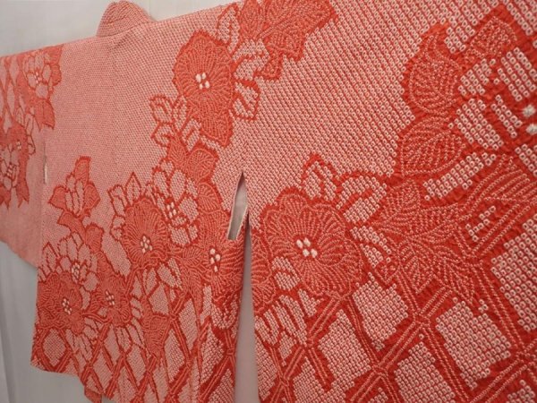 Photo2: 6910T06z590 Vintage Japanese Kimono Silk SHIBORI HAORI Flower Red-Pink (2)